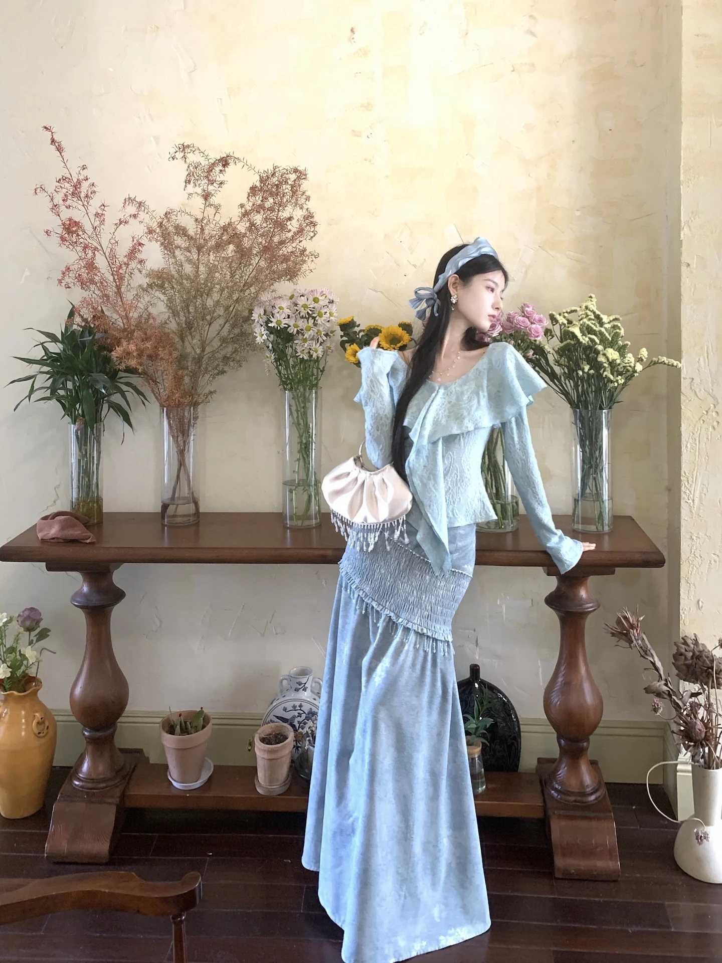 

Комплект из топа с оборками и юбки-«рыбий хвост» из 6% исландской и 94% австралийской шерсти, длинный зимний модный костюм для женщин