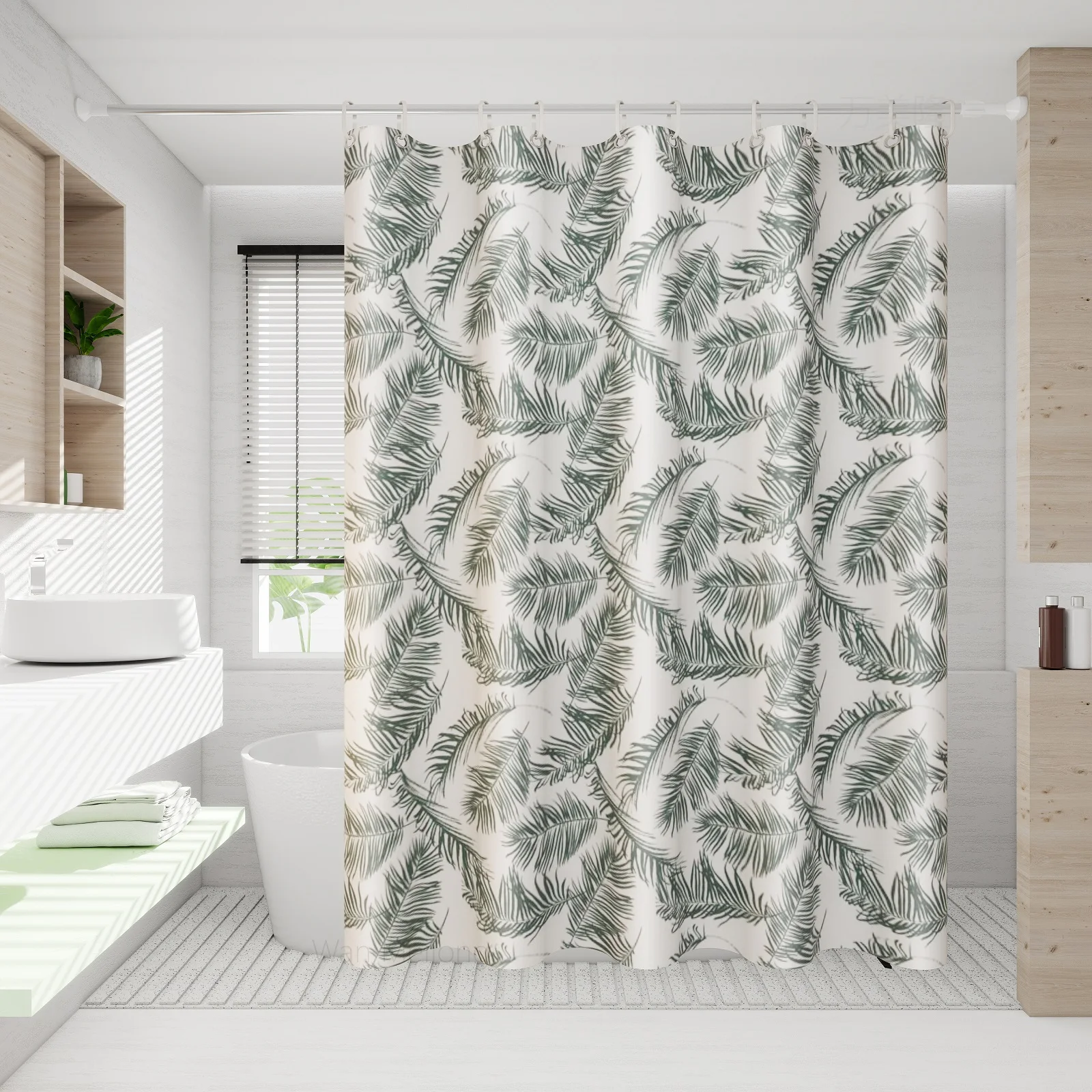 The large feather-patterned bath curtain with a dry-wet separation partition is extremely practical