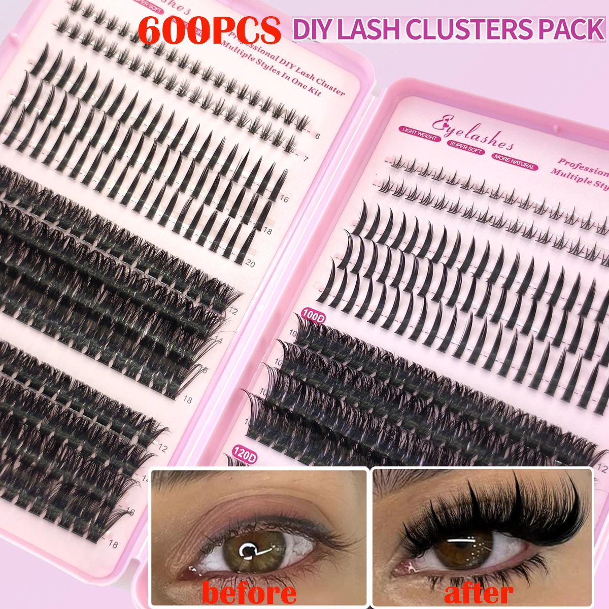 600PCS Bundle100D120D+spike+LowerNew Extended  Eyelash Natural Style Independent Eyelash Handmade Eyelash Bundle 3D Mink Eyelash