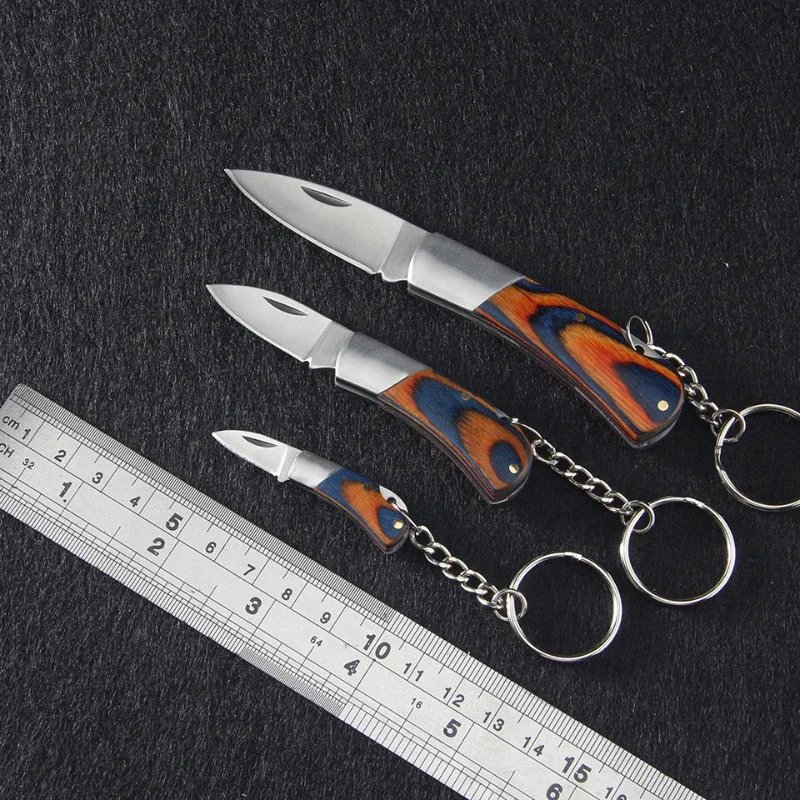 Mini Wooden Handle Folding Knife Stainless Steel Blade Portable Outdoor Travel Camping Cutting Tool Keychain Pendant