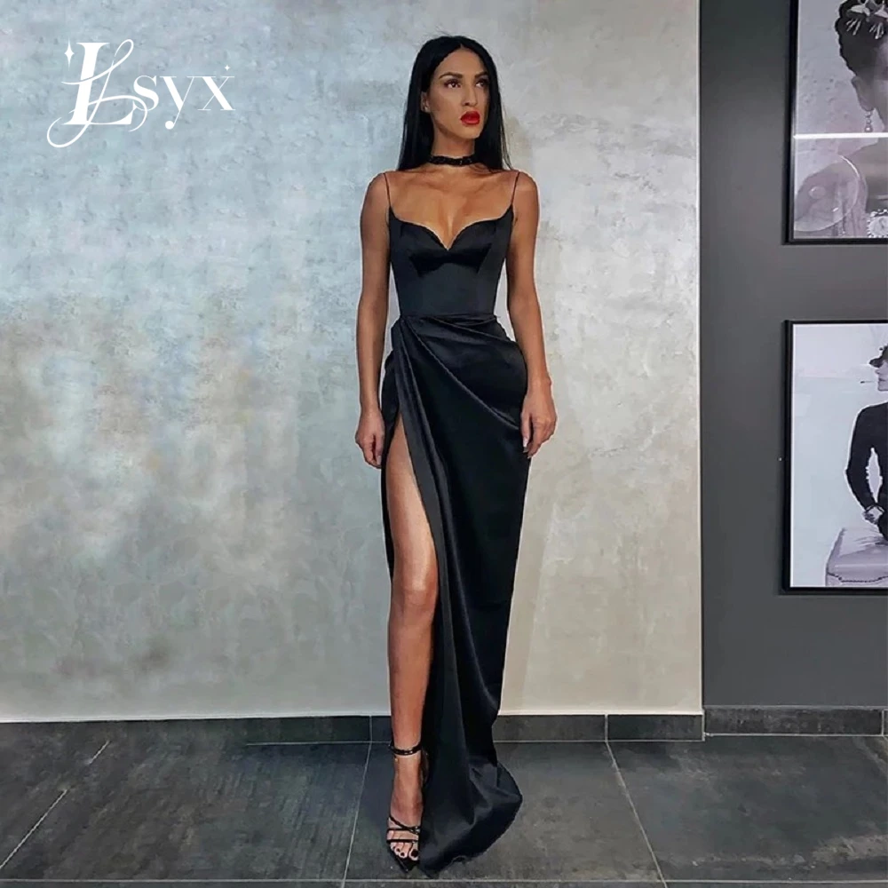 

LSYX Black Spaghetti Straps Prom Dresses Sweetheart Sexy High Side Split Formal Party Evening Gown Satin Floor Length Sleeveless