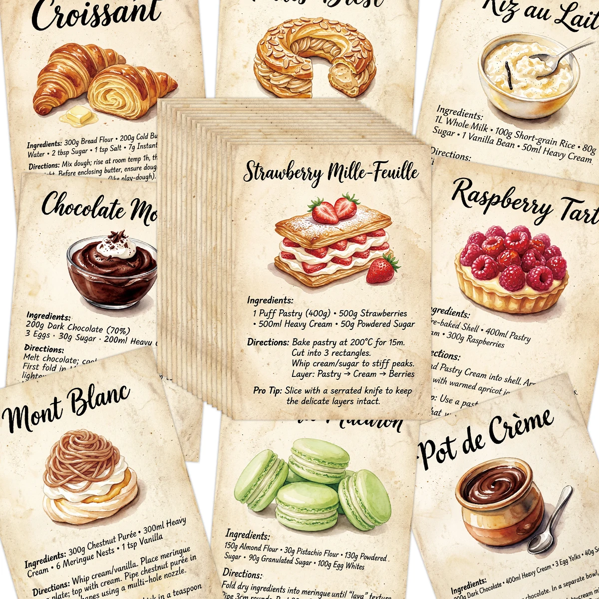 40pcs French Dessert Baking Recipe Cards,Lngredients,Direction Design,For Home Kitchen Wall Collage, Baking Studio Cards Gifts