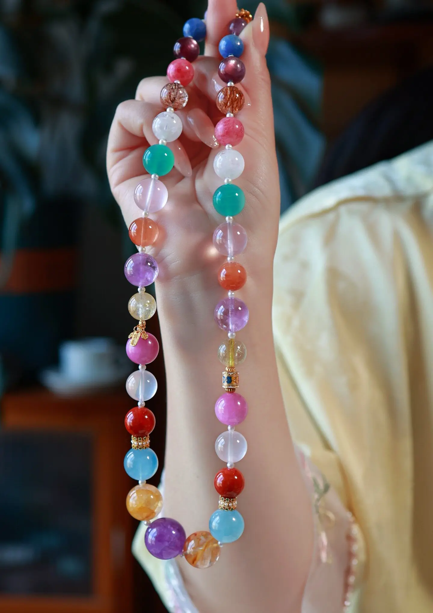 Natural Multi-Gemstone Necklace with Amethyst Rose Quartz Amazonite Red Agate Aquamarine Chinese Style Choker