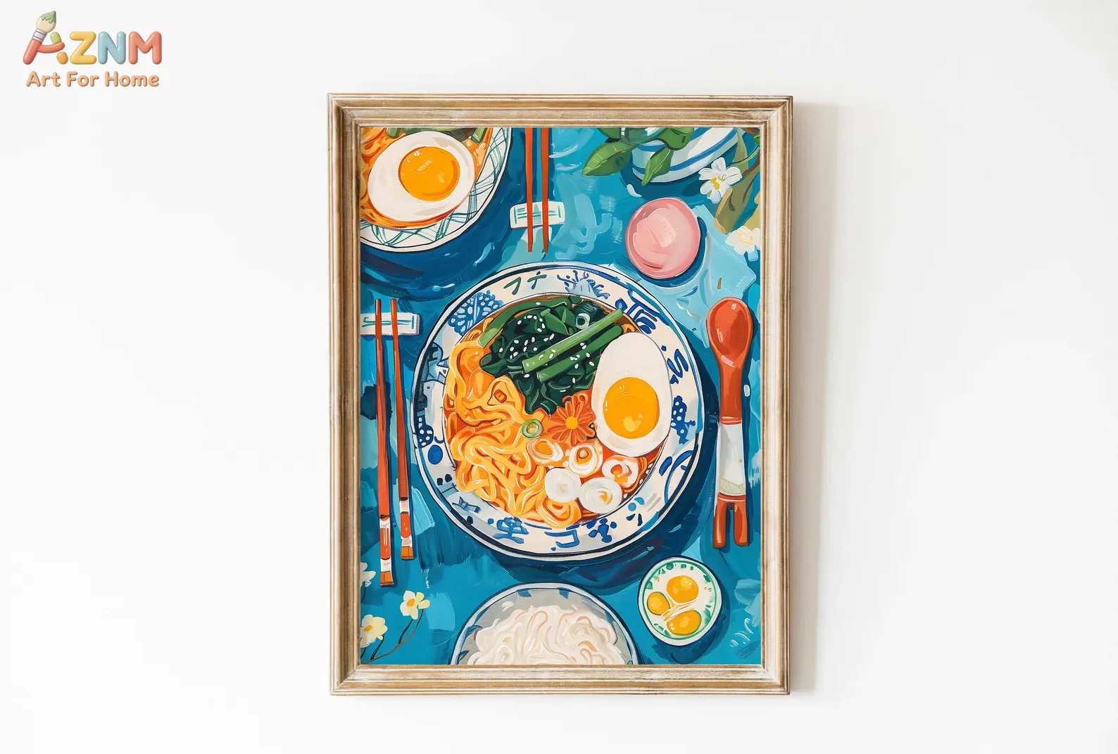 AZNM Japanese Ramen Canvas Wall Art, Colorful Food Print, Vibrant Noodle Bowl Painting for Kitchen Dining Room Decor