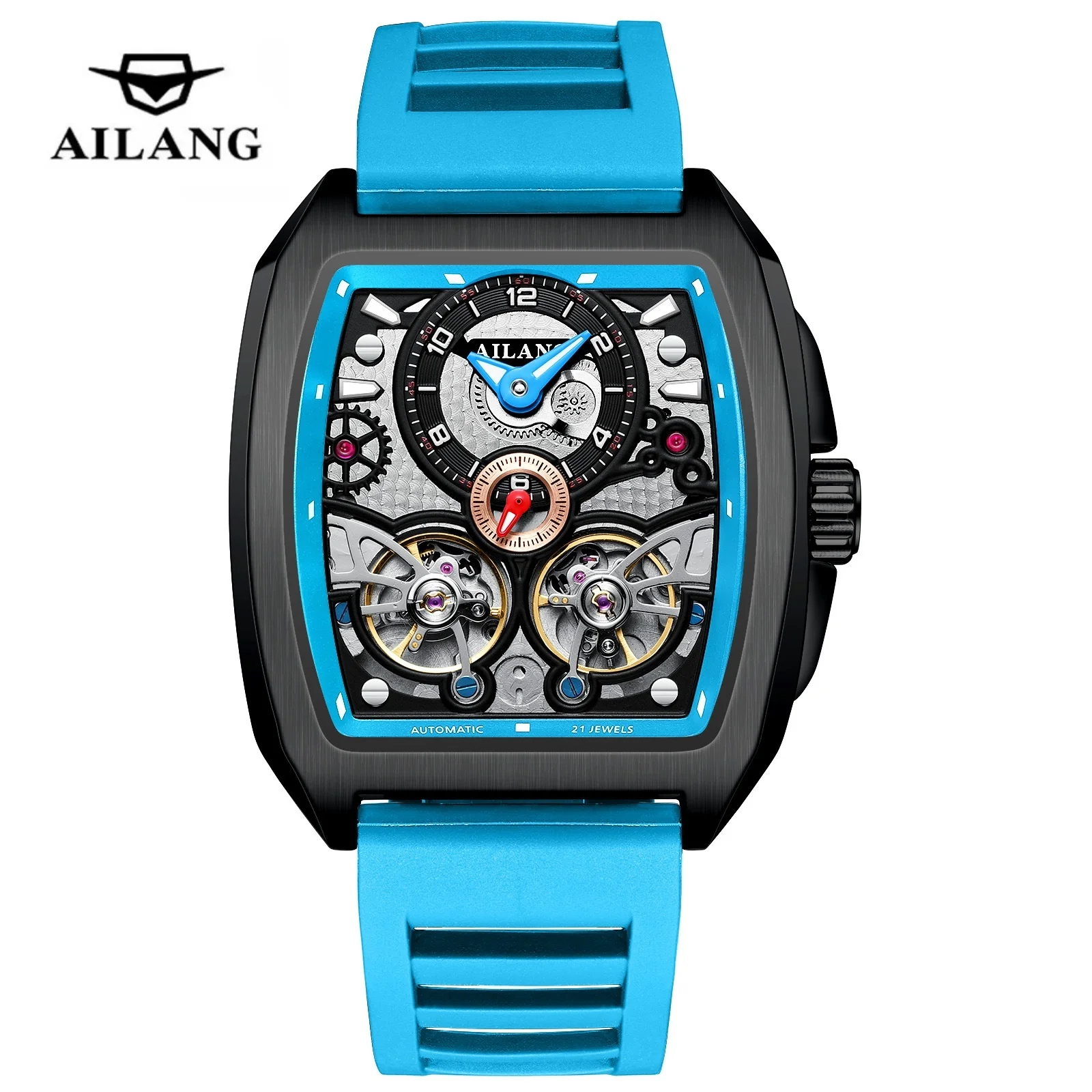 AILANG 8855 Modische Automatikuhren für Herren, Tonneau-Skelett-Zifferblatt, Sportliche Herren-Armbanduhr, reloj hombre