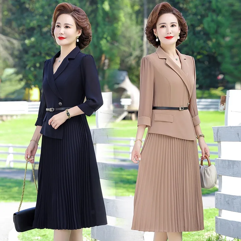 Chic Spring and summer ​Pleated Suit Dress Women Elegant Solid color 3/4 Sleeved A-Line Office Ladies Work Long Dresses