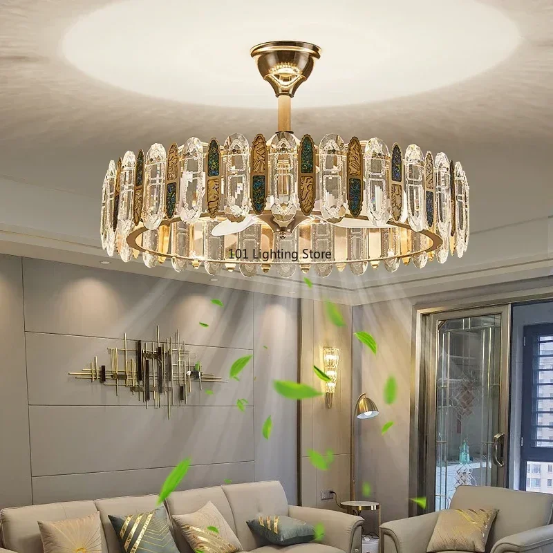 Modern Led Crystal Chandelier For Living Room Bedroom Kitchen Island Fan Lamp Indoor Intelligent Silent Ceiling Fan Light Lustre
