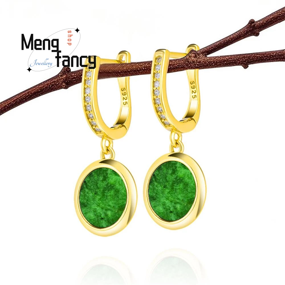 

High-grade Natural Myanmar A-goods Jadeite Flower Green Earrings Ice Jade S925 Silver Inlaid Sexy Young Girls Fashion Jewelry