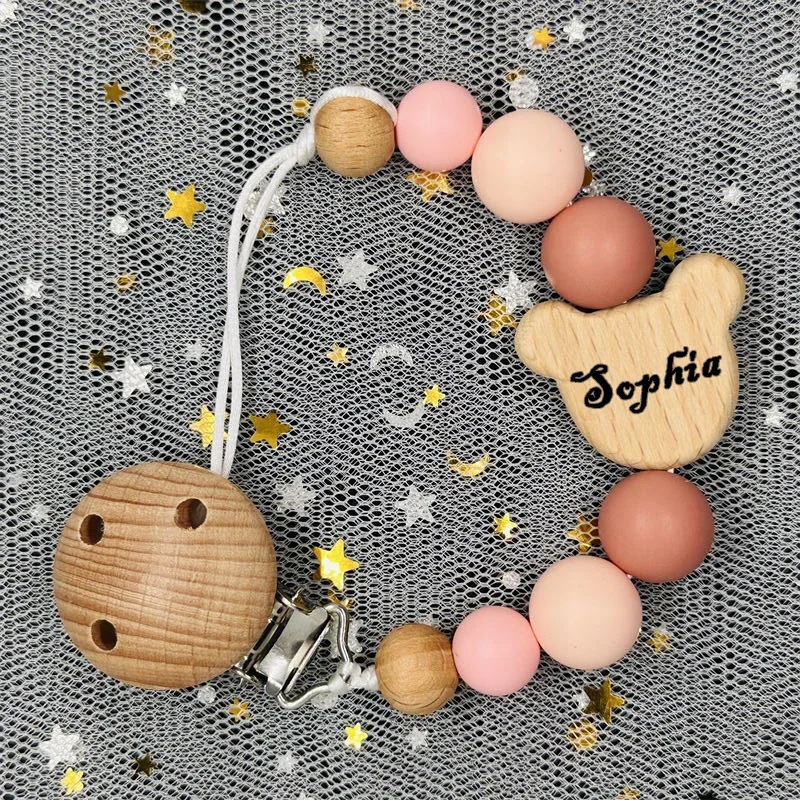 Nome personalizzato Legno Personalizzato Ciuccio per bambini Clip a catena Porta capezzoli manichino con perline in silicone con nome Ciondolo massaggiagengive Regalo neonato