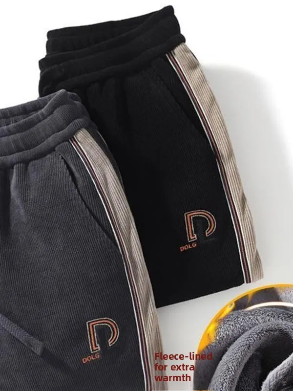 

Thiened Corduroy Sports Pants Men's Autumn Winter Warm Nine Points Casual Loose Fit Elastic Waist Polyester Fiber Bla e...