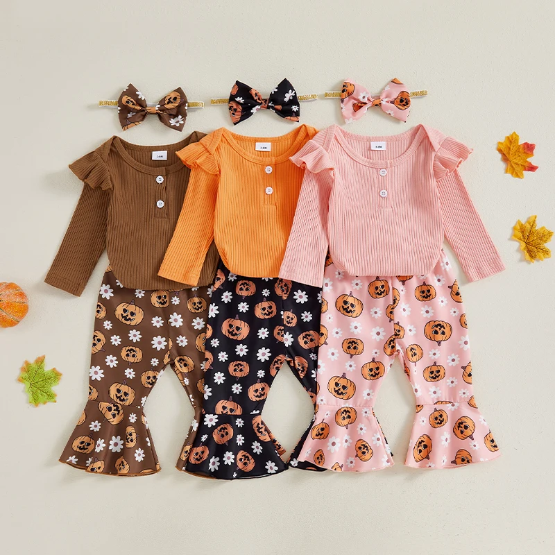Baby Girl Halloween Outfits Solid Color Long Sleeve Romper Pumpkin Flower Print Flare Pants Headband 3Pcs Clothes Set