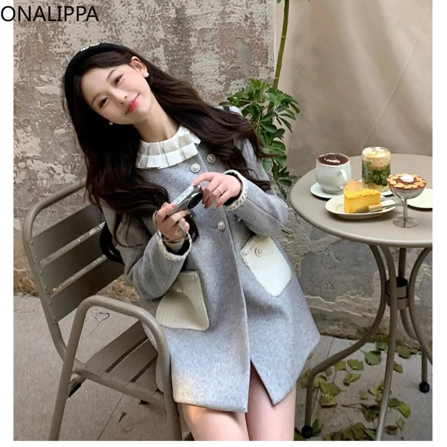 Onalippa Wood Ear Hem Wool Coat Women Small Fragrance Patchwork Contrast Jackets French Celebrity Princess Style Trench Coat