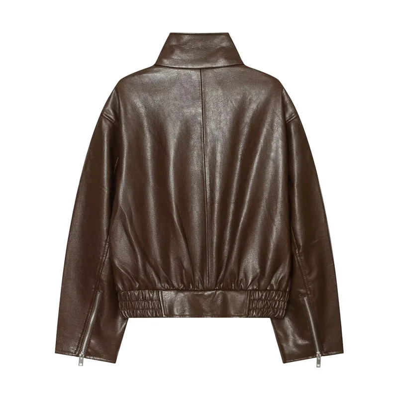 NINE ZAR Women's High Collar Zipper Pocket Pilot Coated Jacket Outerwear Long Sleeve Short Length Synthetic Leather Coat