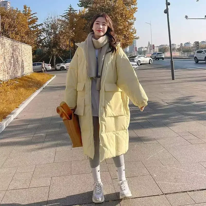 Long Style Parkas Coats Women Hooded All-match Solid High Street Pockets Female Clothing Harajuku Winter Cozy Warm Korean Sweet