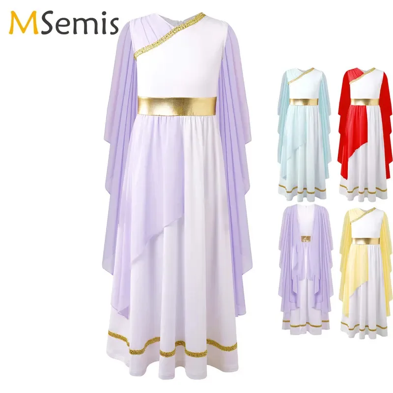 

Kid Girl Halloween Ancient Greek Toga Costume Grecian Sleeveless Gown Dress Shawls Flowy Tulle Dress Cosplay Performance Costume