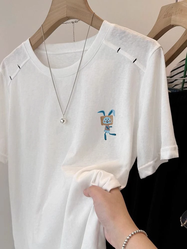 Koreaanse Sle Casual Witte Print Splice ronde Ne ort Sve T-shirt Mannen Vrouwen Zomer Lichtgewicht Veelzijdige Loose Fit Top