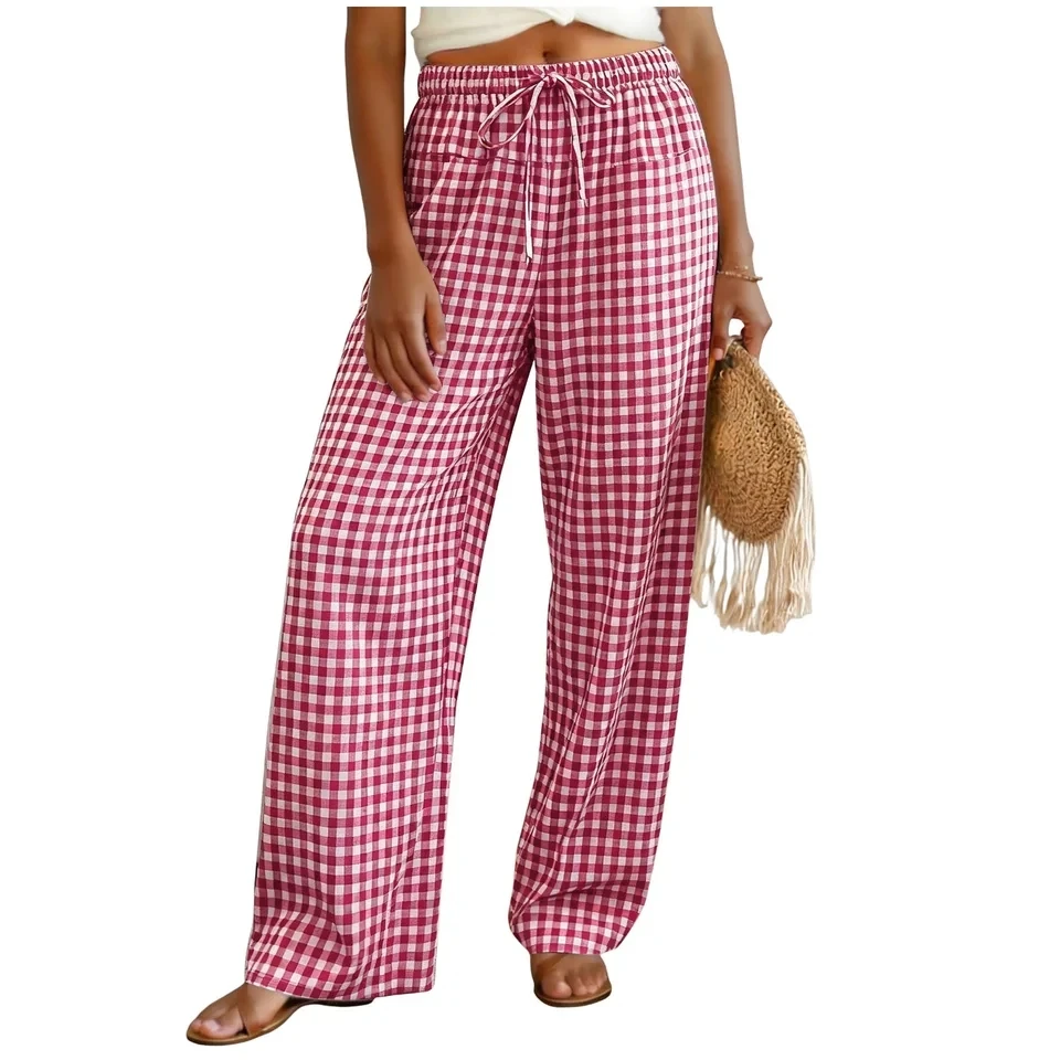 

Comfy Wide Leg Pants Vintage Elastic Waist Plaid Print Pants Women Lounge Trousers Beach Vacation Long Pants With Pockets