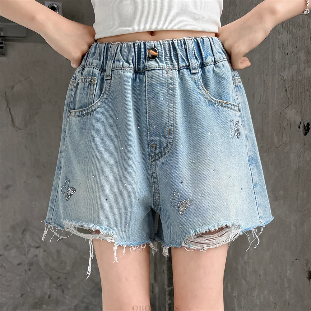 

Stylish Kids Girls Street Bottoms Crystal Denim Shorts with Butterfly Children Fashion Summer Mini Denim Shorts with Rhinestones
