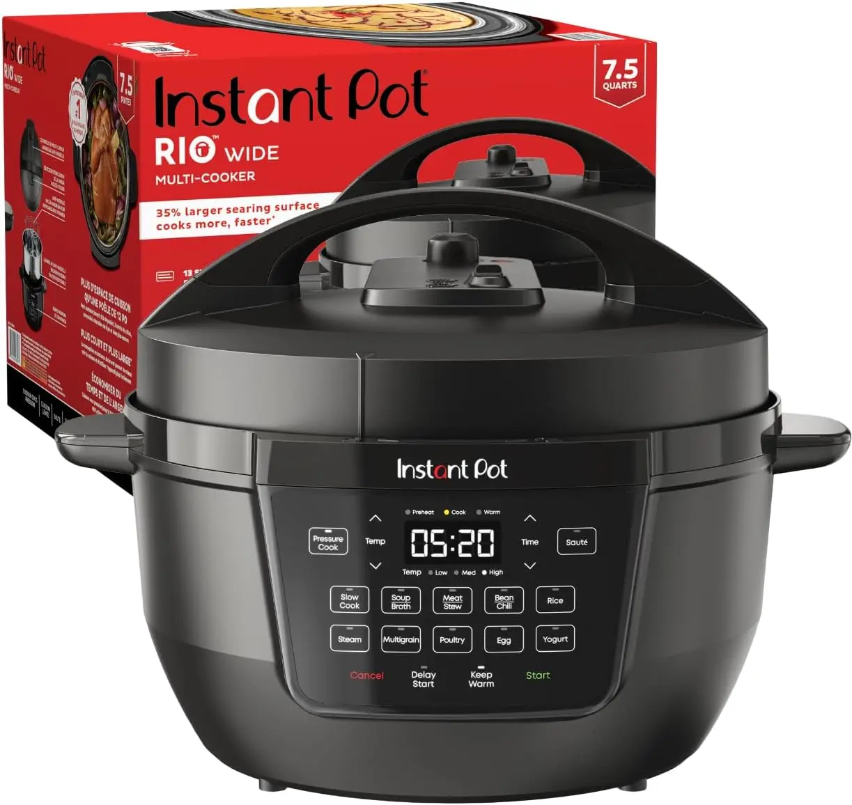 

RIO Wide Base, 7.5 Quarts, Large Searing Base, WhisperQuiet Steam Release, 7-in-1 Electric Multi-Cooker, Pressure Cooker, Slow C