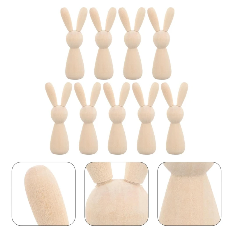 10 Piece Unfinished Wooden  Doll Figure Wood Color Wood DIY Blank Wood Bunny Puppet Craft Art Easter Decoration