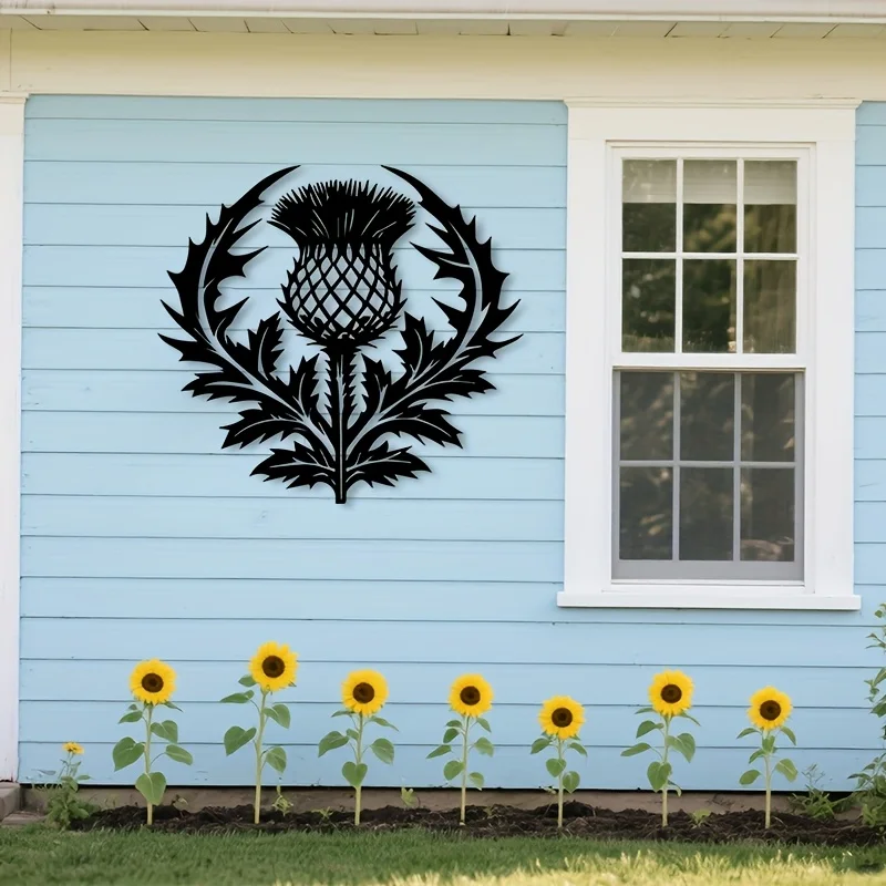 Schottischer Distelblüten-Wanddekor aus Metall – Vergoldetes Eisenblumen-Wandbild, kein Stromanschluss erforderlich, exquisites schwarzes Silhouett-Design