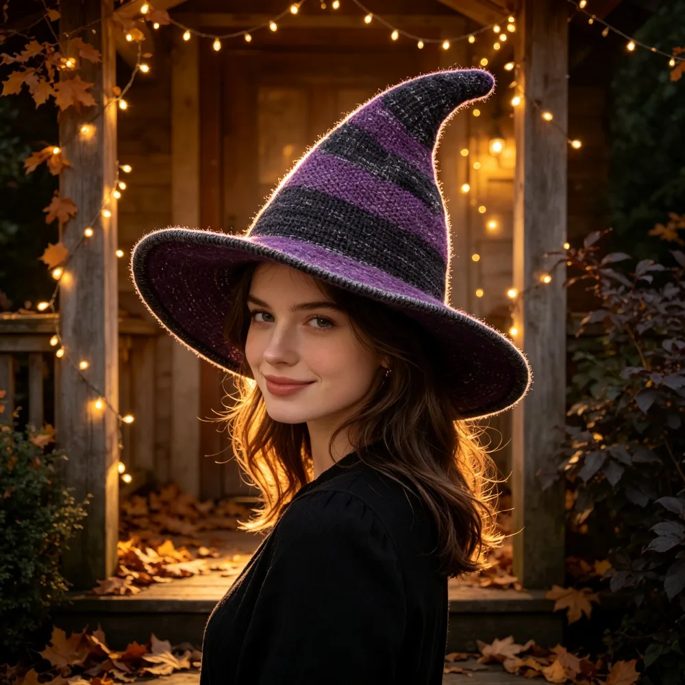 Retro European Knitted Wizard Witch Hat Foldable Large Brim Pointed Hat for Women Large Head Friendly Halloween Party Accessory