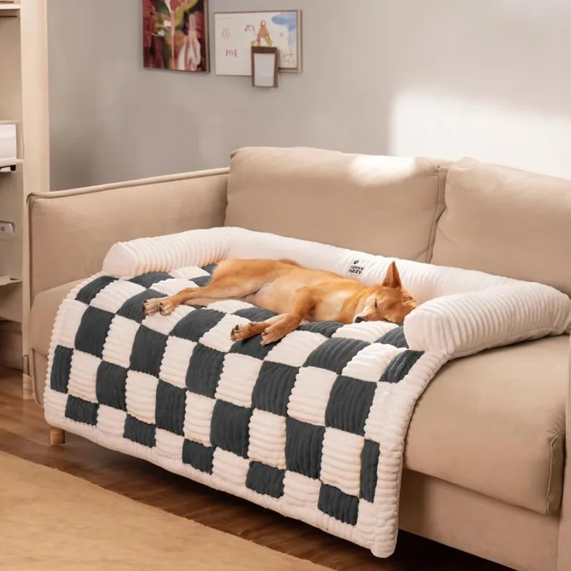 Large Dog Couch Cover Bed Cream Square Plaid Washable Pet Mat for Furniture Protector Sofa Cover for Dogs