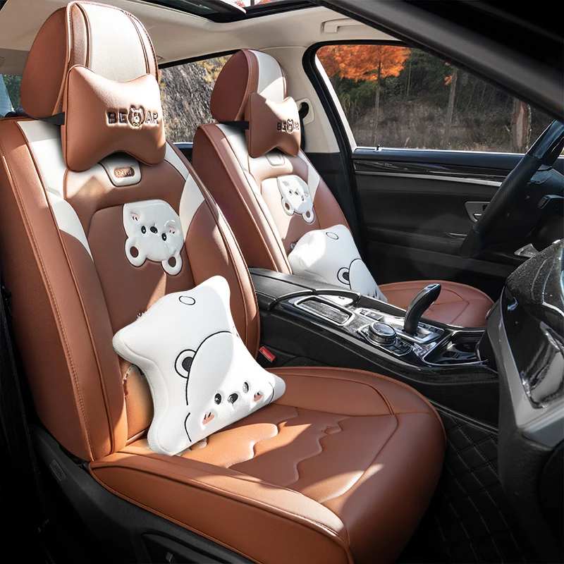 Cartoon Dog Car Seat Cover Set for Women Universal Breathable Leather Front And Back Seat Cushion Protector Interior Accessories