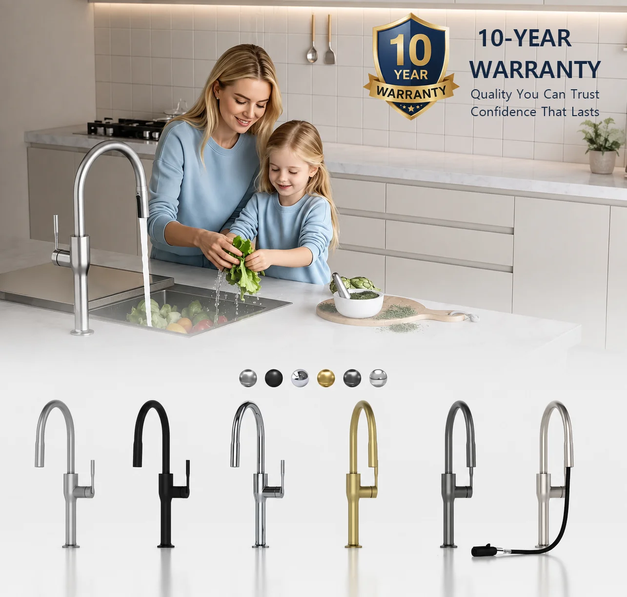 10-Year Warranty Kitchen Faucet Pull Down Sink Mixer Tap Hot Cold Water Kitchen Sink Faucet Deck Mount Single Handle Nozzle Taps