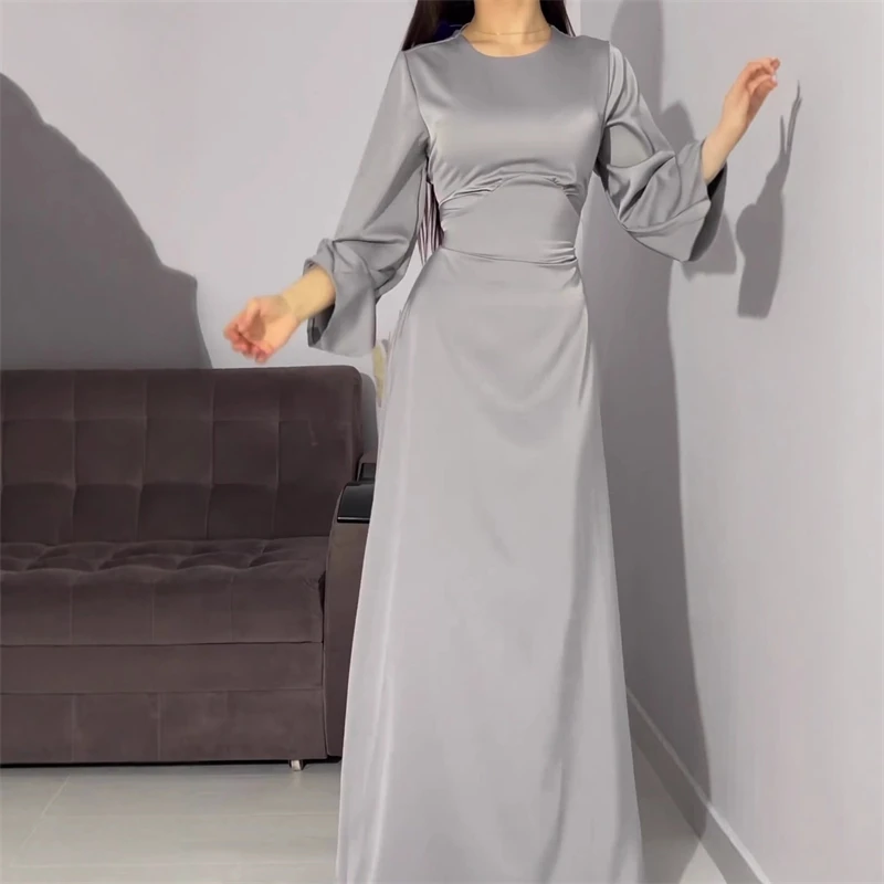 2024 Women Satin Long Dresses Sexy Lace Up Slim Evening Dresses Simple Round Neck Flare Sleeve Birthday Party Dresses For Women