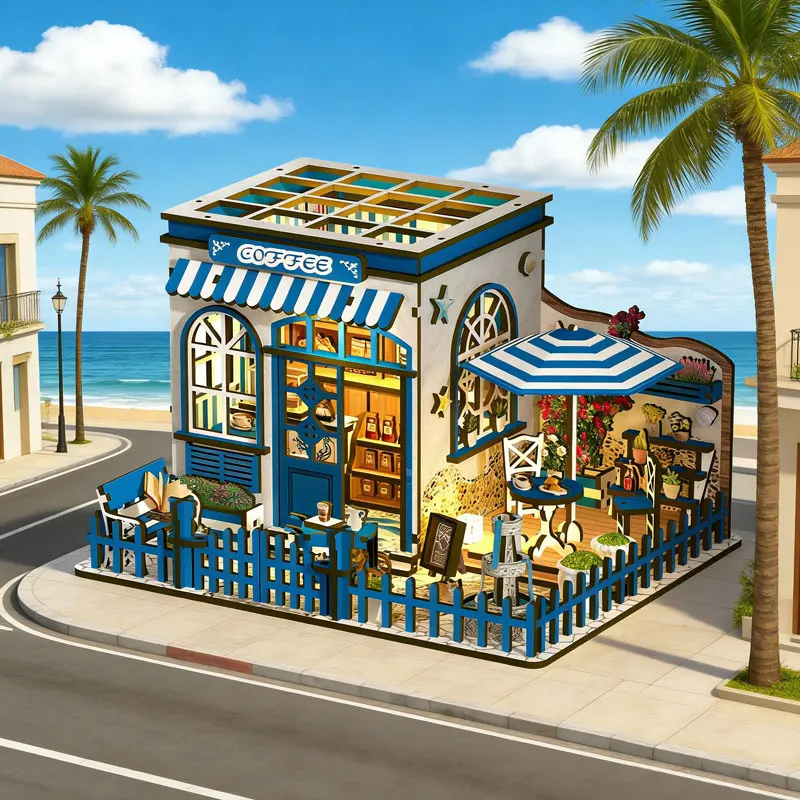 

DIY Mini Coffee Shop Dollhouse Kit with LED Lights 3D Wooden Building Set for Adults Home Tabletop Decor Creative Birthday Gift