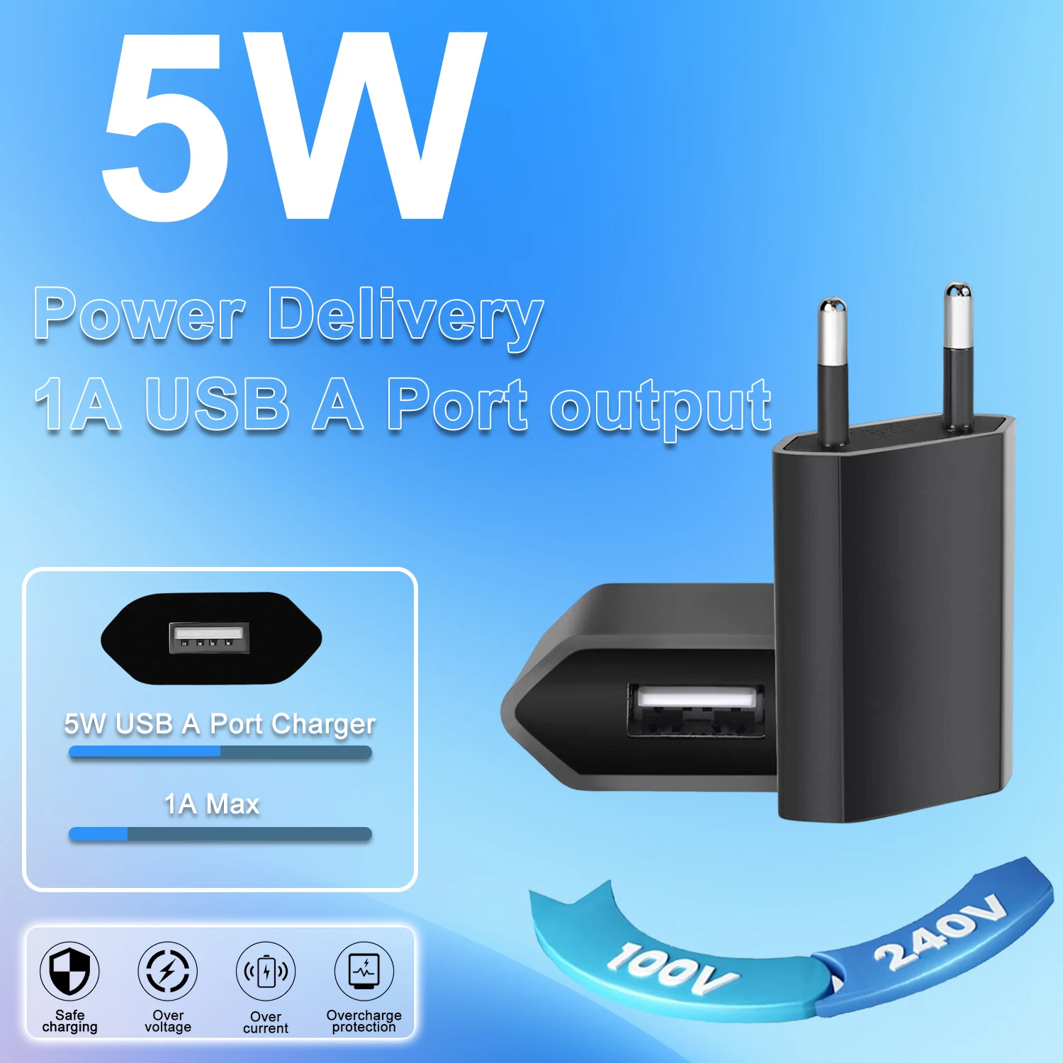1/3/5/10pcs Black Universal 5V 1A EU Plug USB Adapter Mobile Phone Wall Travel Charger Device Power Adapter - náhled 5