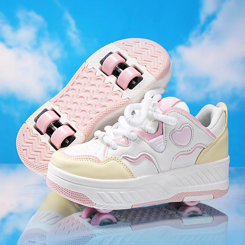 Children Roller Skates Boys Girls Leather Roller Skates Kids Hidden 2Wheels with Multiple Functions Detachable Tide Casual Shoes
