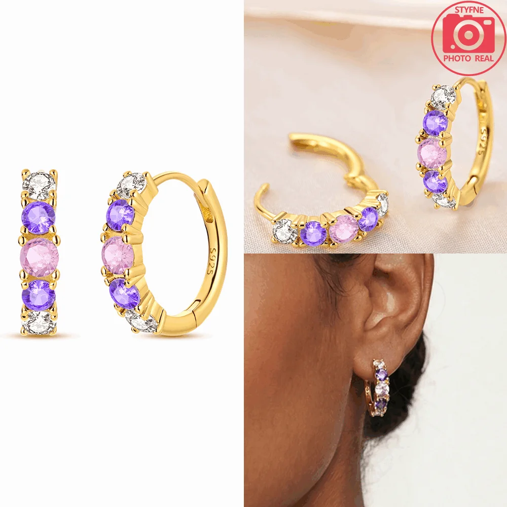 Gold Earrings 925 Silver Colorful Pink Purple Zircon Hoop Earrings for Women Fashion Jewelry Gift for Daily Party Dating Wear