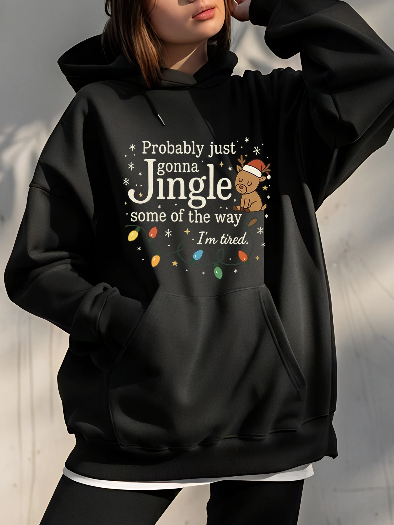 

Christmas Hoodie with Jingle Reindeer Print and Colorful Lights Design for Women Casual Winter Wear