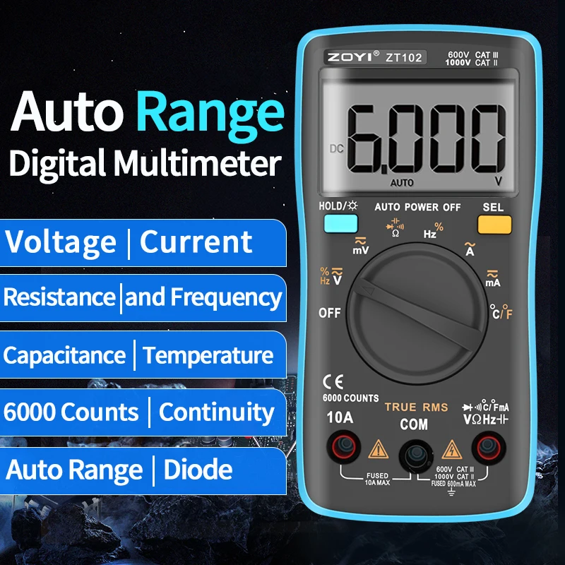 ZOYI 102 Multimeter 6000 Count Backlight AC/DC Ammeter Voltmeter Ohm Frequency Diode Temperature RM101