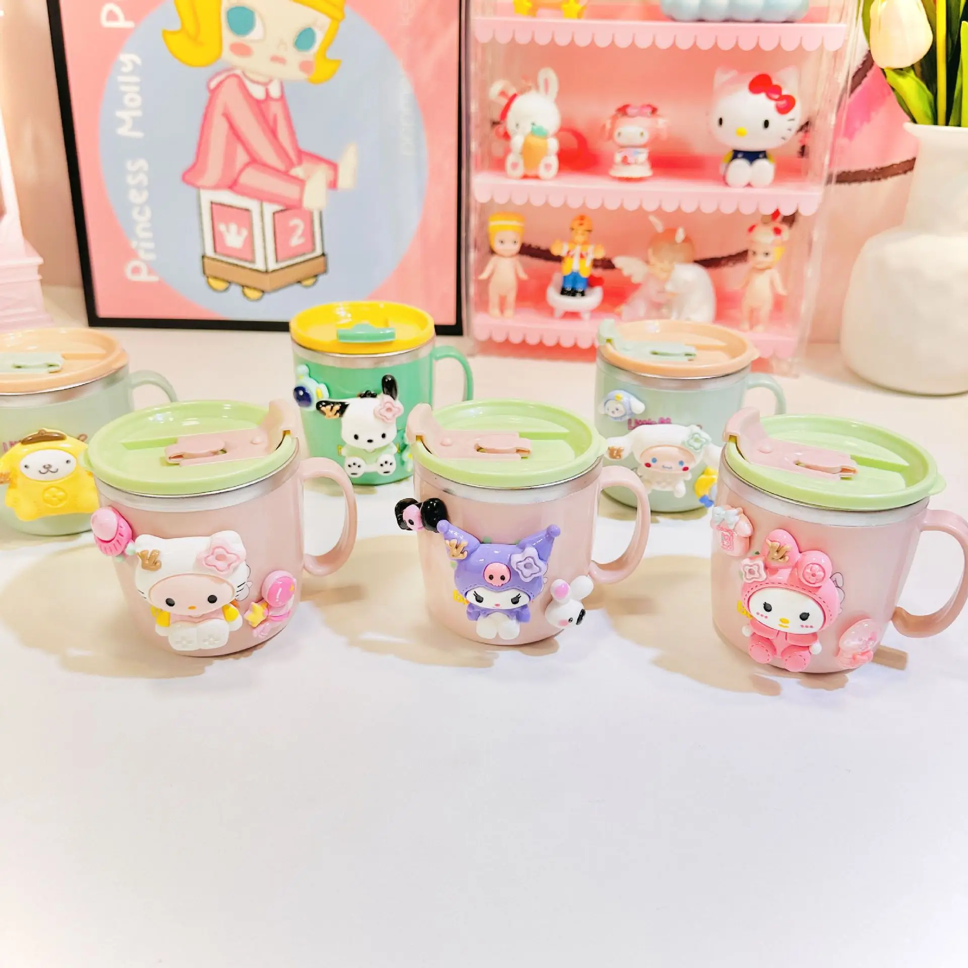 Kawaii Sanrio Hello Kitty Thermos Cup Kuromi Cinnamoroll Water Cup Stainless Steel Mug with Handle Cup Lid Straw Vacuum Cup Kids