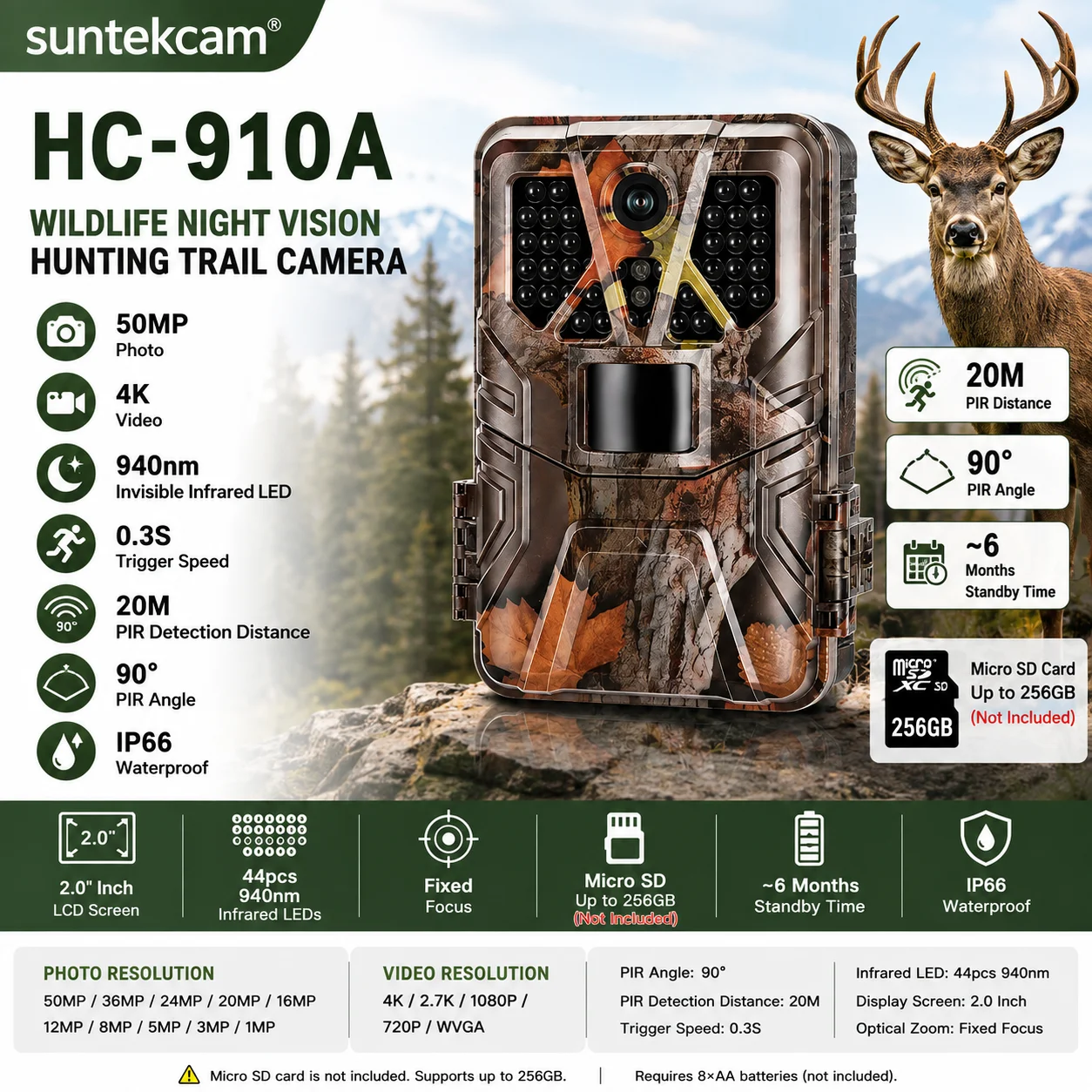 Suntek 910A 4K 50MP Trail Camera 940nm IR LEDs Night Vision Infrared Hunting Wildlife Surveillance Tracking Game Cam