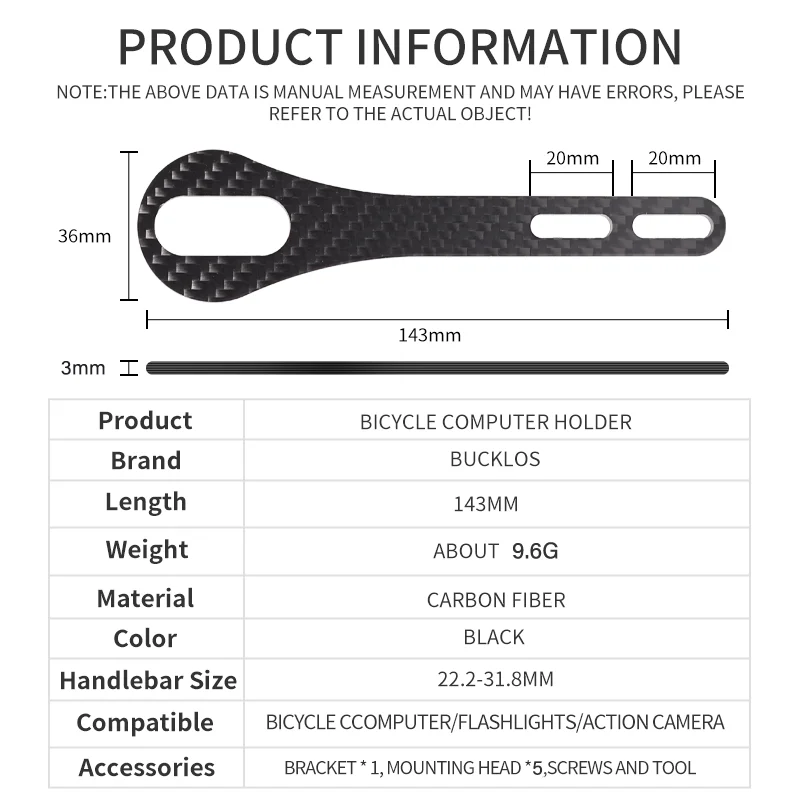 Soporte para velocímetro de bicicleta de fibra de carbono BUCKLOS, 143 mm, soporte para ciclocomputador, soporte para cronómetro de bicicleta de carretera y montaña, compatible con GARMIN, BRYTON y cámaras deportivas.