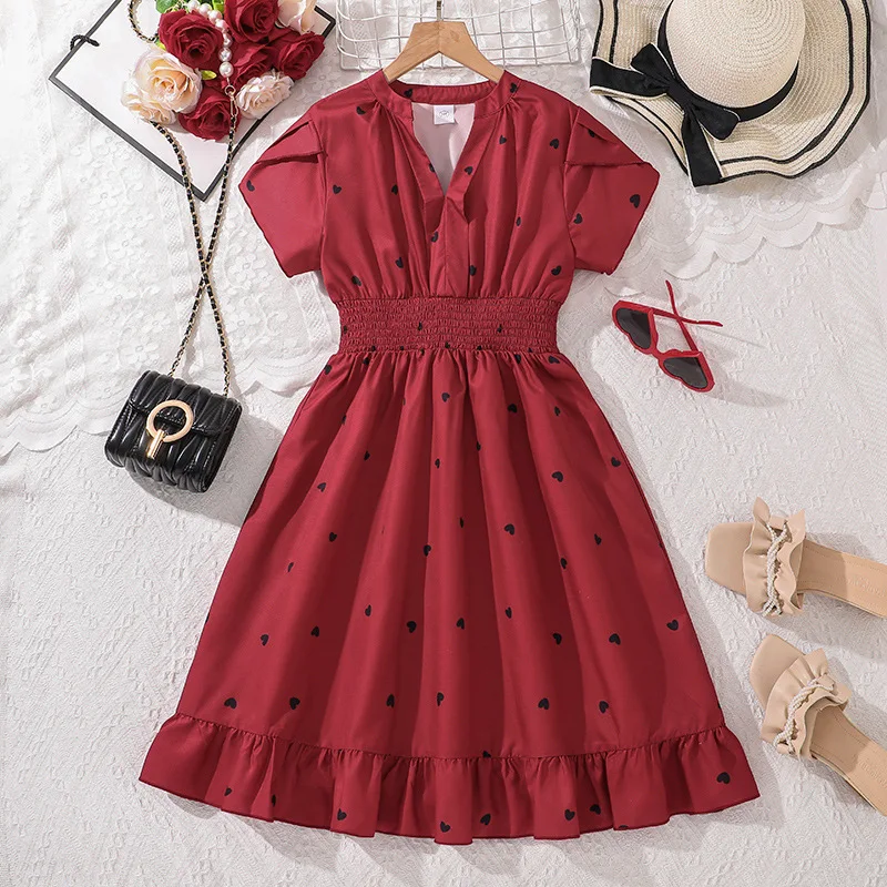 2025 New Arrival Girls Short Sleeve Print Heart Ruffles Red Menina Cute Holiday Night Party Princess Dress Custume 8-12T