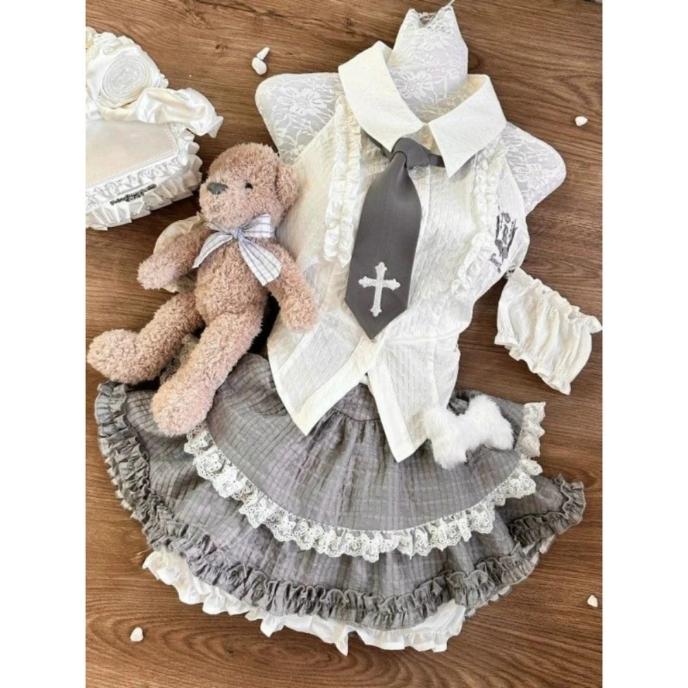 Sweet Spicy Cute College Style JK Uniform Design Sense Hollow Out Short Sleeved Shirt High Waisted Cake Fluffy Skirt for Women