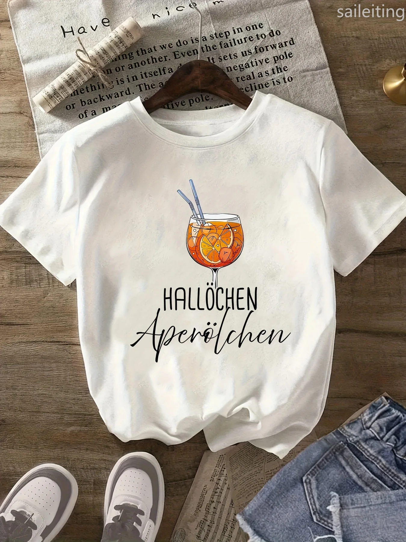 Women's Sleeve T-Shirt with Orange Graphic "HALLOCHEN Aperol Spritz" Print White Fit Summer sleeved Harajuku streetwear