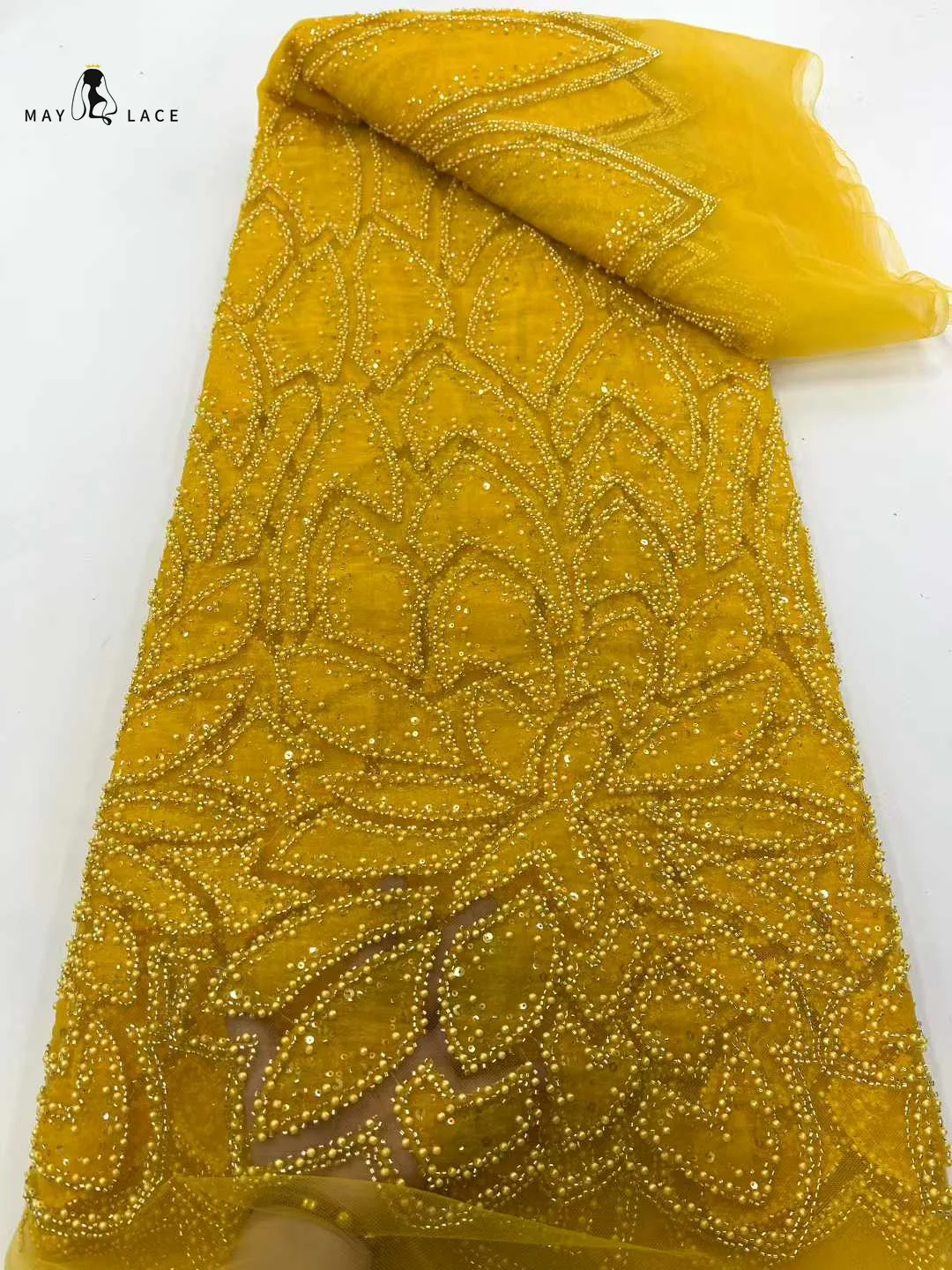 

Gold Chiffon Lace Fabric With Sequins African Lace Fabric 5 Yards High Quality 2025 Beaded Tulle Lace Fabrics For Dress Sewing