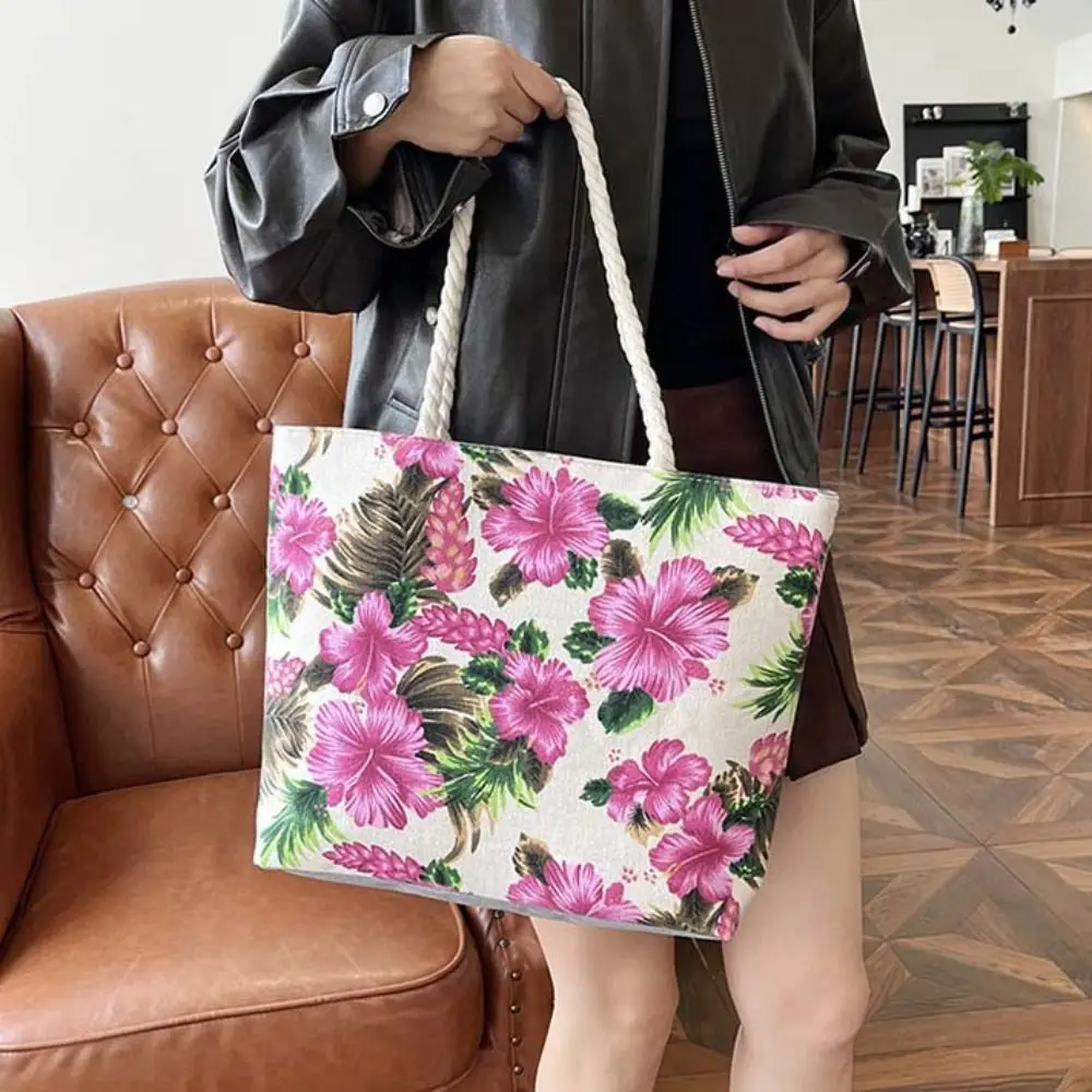 Bolso de mano con estampado de flores de gran capacidad, bolso de hombro con flores, bolso de mano de lino y algodón, bolso de playa con cremallera, bolso de estilo étnico