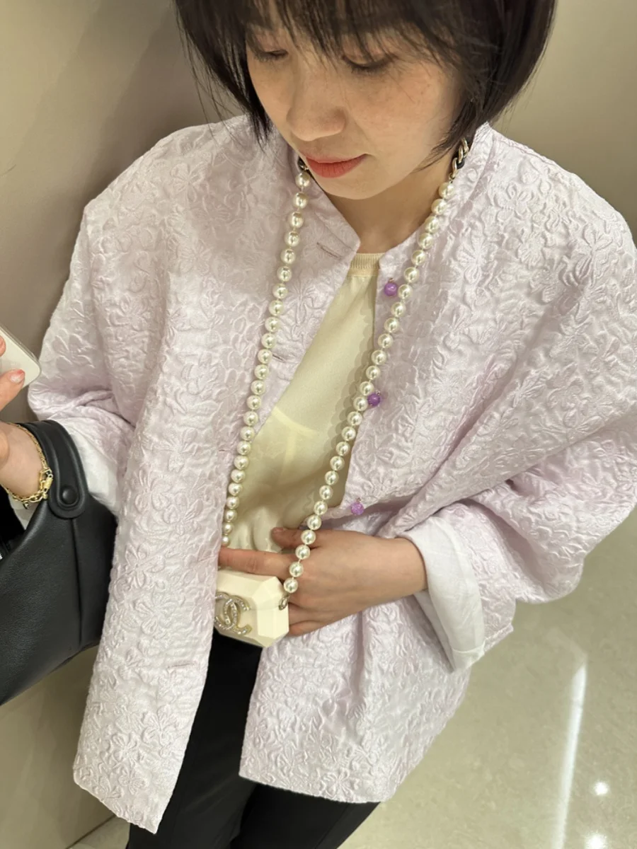 

Ele Chinese Sle Silk Jaet Lightweight Song Jin Embroidery Gold Onion Tead 3D Relief Flower Design Casual Outerwear