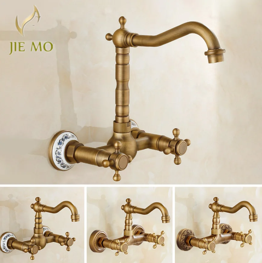 

Antique brass ceramic into the wall faucet bathroom washbasin basin wall mount double handle cold and hot water faucet