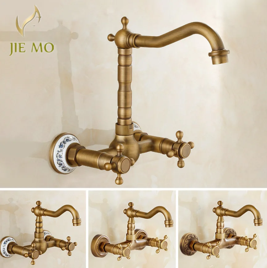 Antique brass ceramic into the wall faucet bathroom washbasin basin wall mount double handle cold and hot water faucet