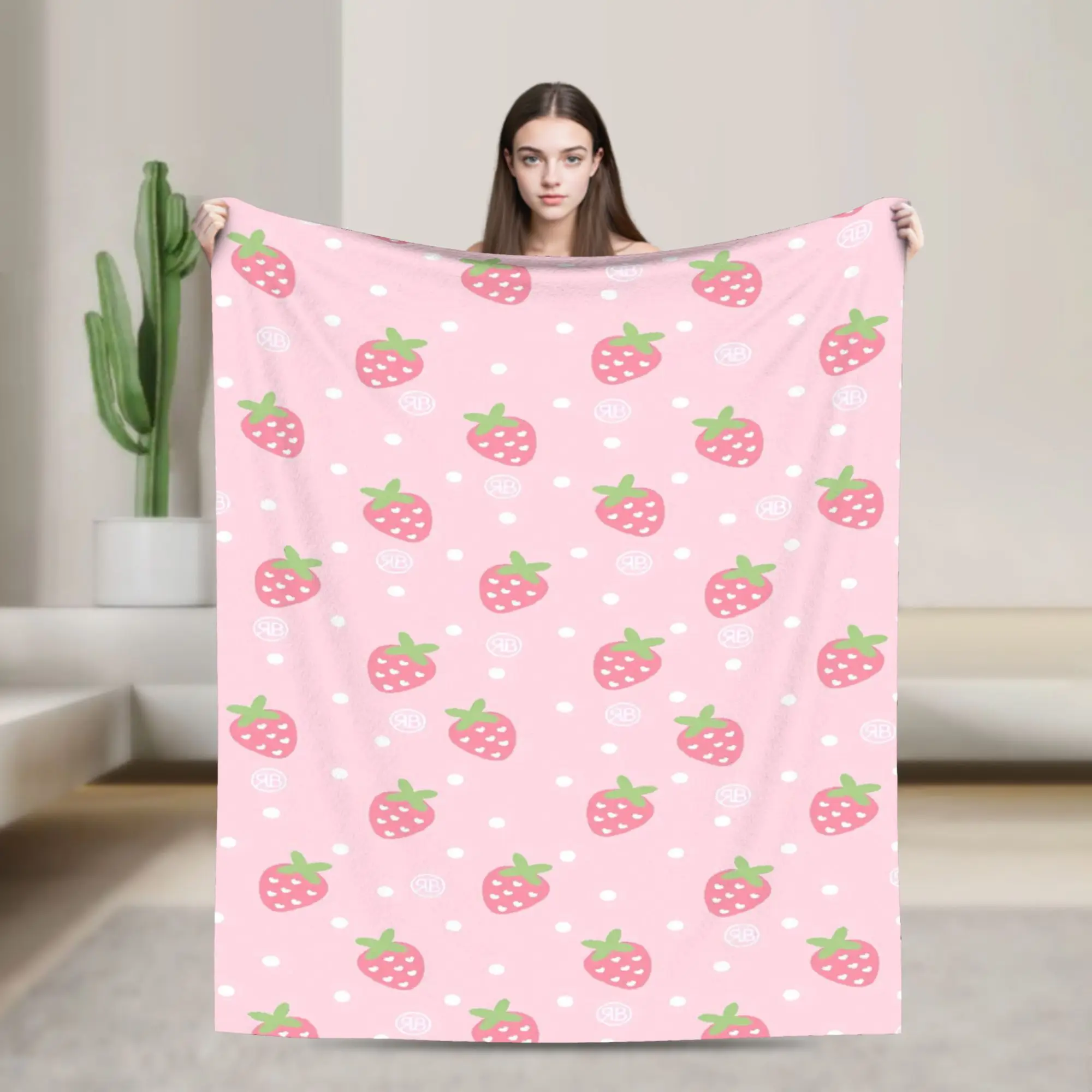Pink Strawberry Polka Dot Blanket Travel Office Flannel Throw Blanket For Couch Chair Warm Soft Quality Bedspread Gift Idea