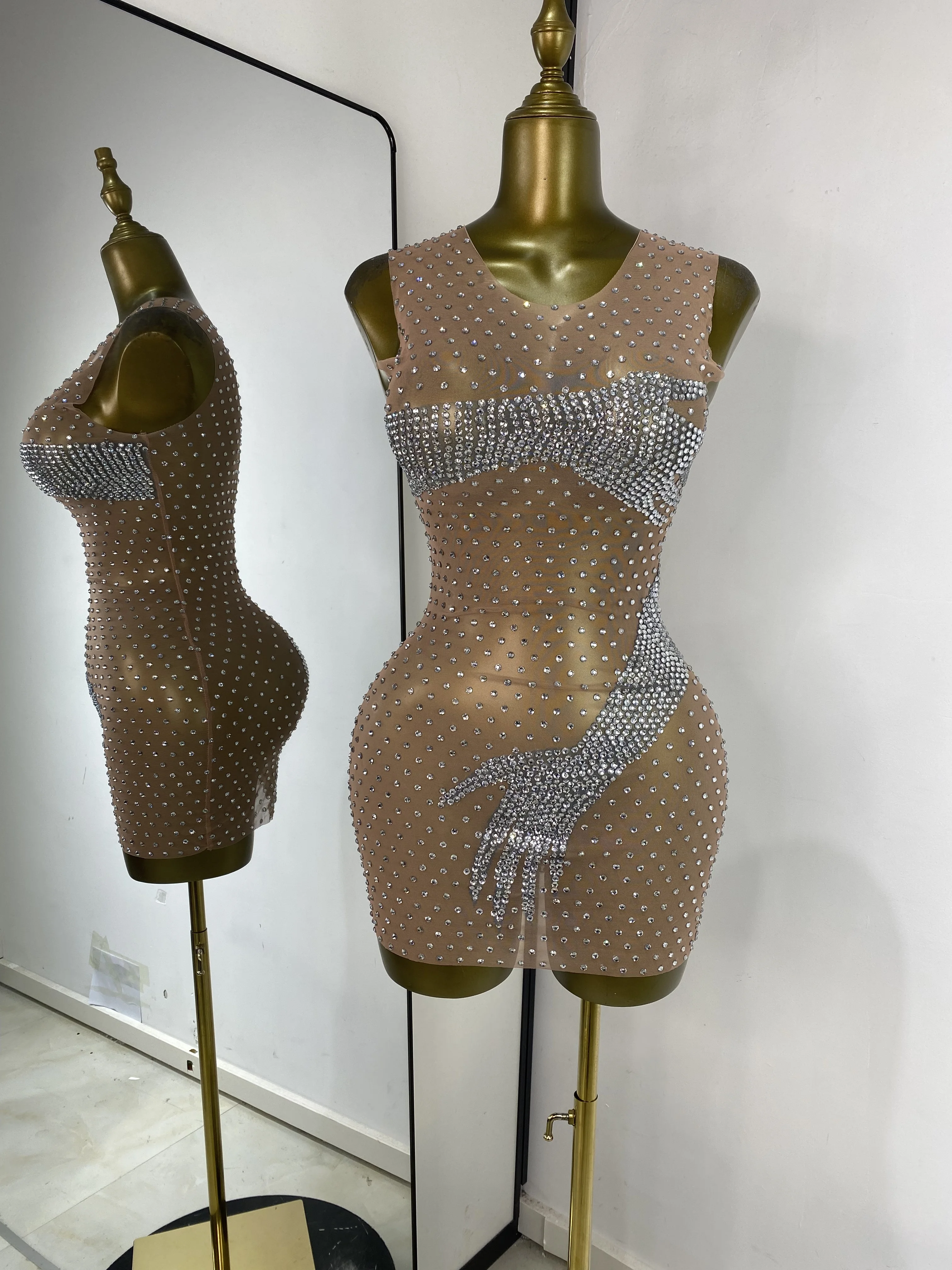 

Женское прозрачное облегающее мини-платье с блестящими стразами, костюмы для выступлений в ночном баре, вечернее платье для клубной вечеринки