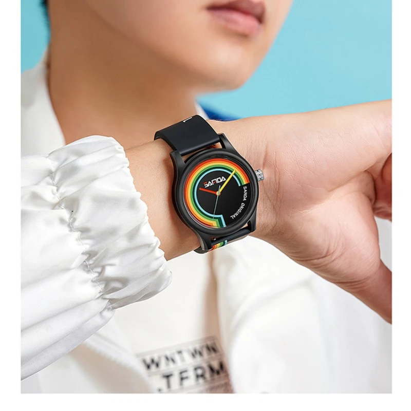 SANDA3219 قوس قزح شبكة سيليكون حزام ساعة الطالب أسلوب بسيط للغاية موضة الاتجاه مقاوم للماء الساعات للرجال Reloj Hombre